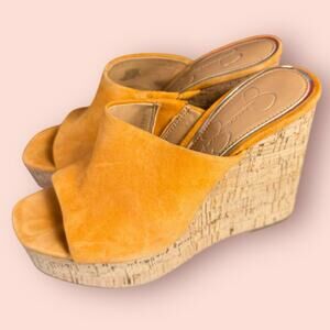 JESSICA SIMPSON Cork WEDGE OPEN TOE HIGH HEELS MULES Sz 6 Platform Burnt Orange